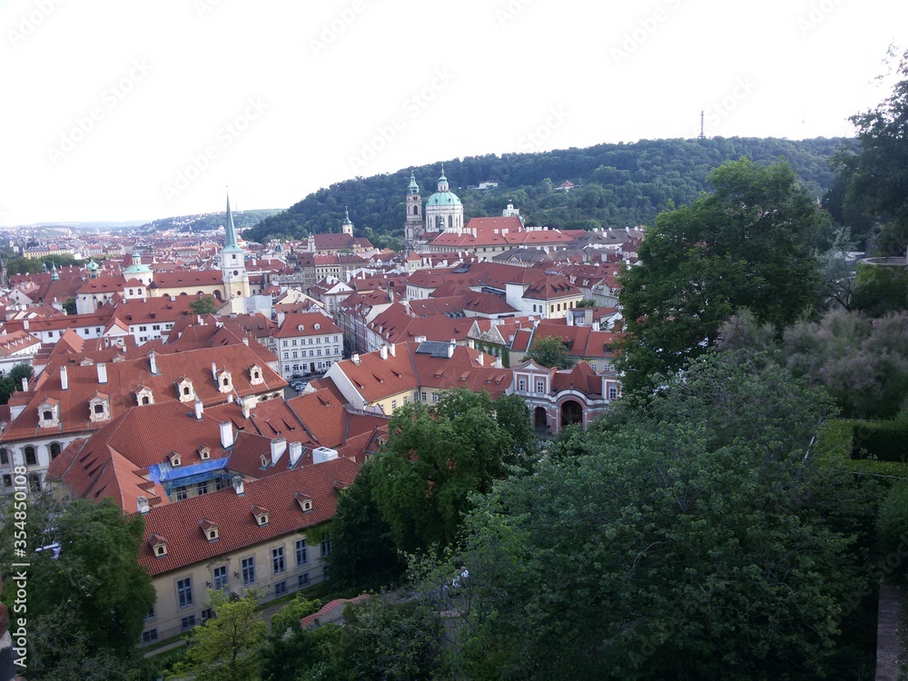 view of the old city of Prague with red roofs from the hill