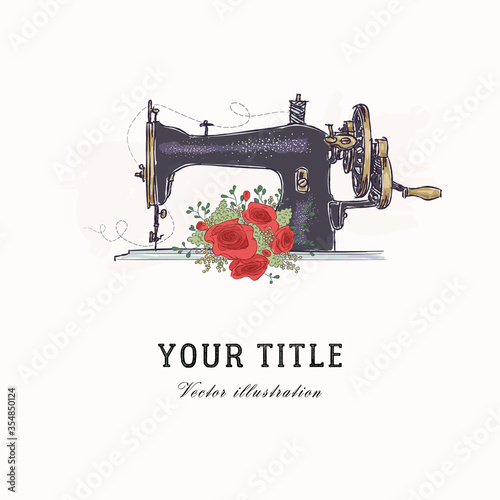 Vector hand drawn illustration of sewing machine and flowers