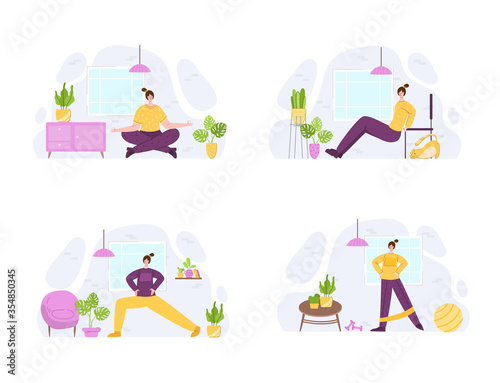 Women doing sport exercises at home. Indoor training or workout concept. Home activity for people health. Girls doing fitness in living room with simple equipment - vector illustration on white