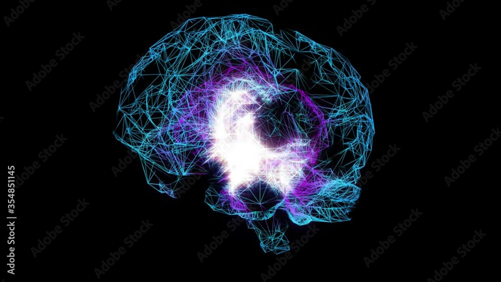 Brain Volumetric rotating  model. Glowing human brain with nerve cells. (loop video)