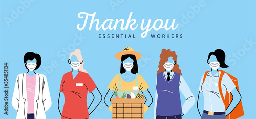 thank you essential workers, various occupations people wearing face masks