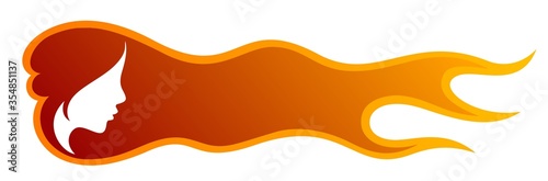 A symbol of a silhouette stylized girl with fire.