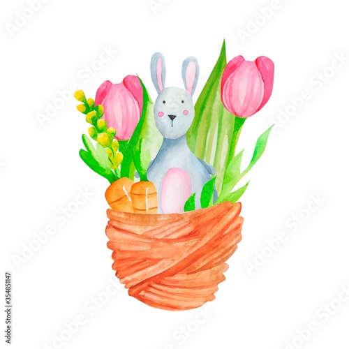 Watercolor easter illustration. easter rabbit with eggs and tulip flovers  in basket composition isolated on white background. Greeting card, poster. easter holidays. For your design