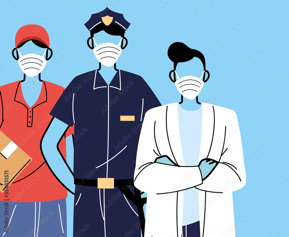 thank you essential workers, various occupations people wearing face masks thank you essential workers, various occupations people wearing face masks