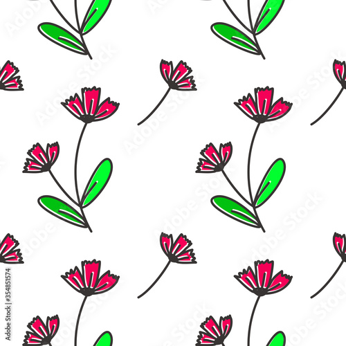 Seamless pattern of hand-drawn tropical floral leaves and red flowers doodle. line art or outline botanical decoration. wallpaper use. White background