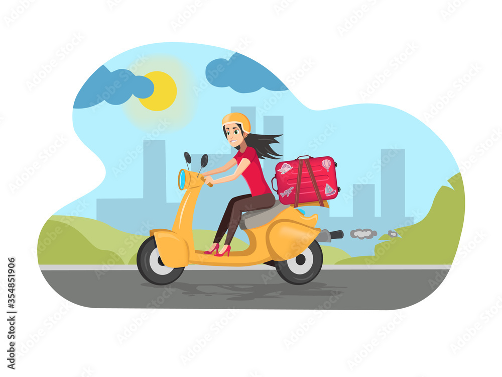 Happy women Driving a Scooter with suitcase on street background