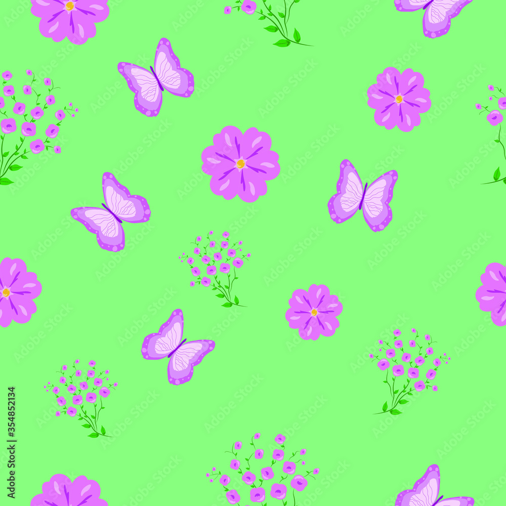 Seamless geometric pattern. Vector texture with flowers and butterfly arranged randomly on a green background Seamless geometric pattern. Vector texture with flowers and butterfly arranged randomly on a green background