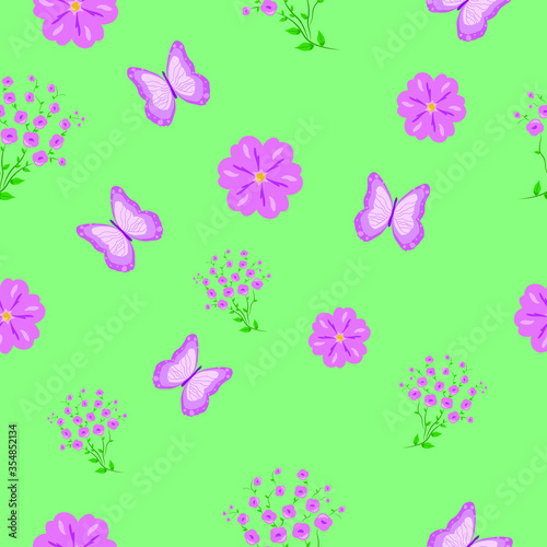 Seamless geometric pattern. Vector texture with flowers and butterfly arranged randomly on a green background
