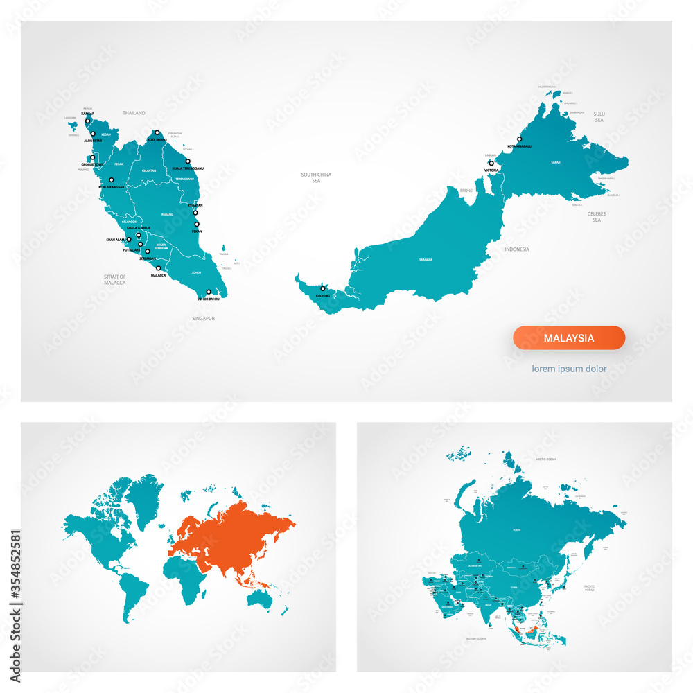 Editable template of map of Malaysia with marks. Malaysia on world map and on Asia map.