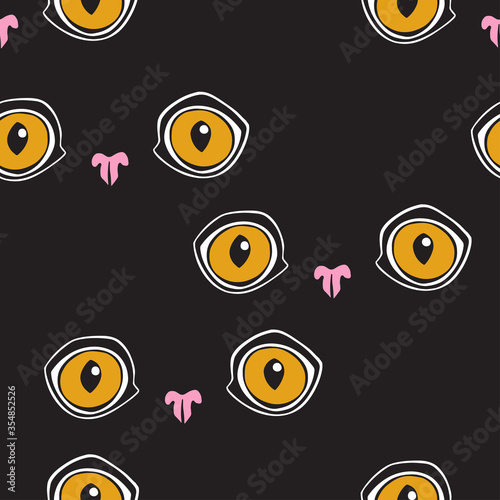 Seamless pattern with cat's eyes and noses on black. Vector. Animal art background.