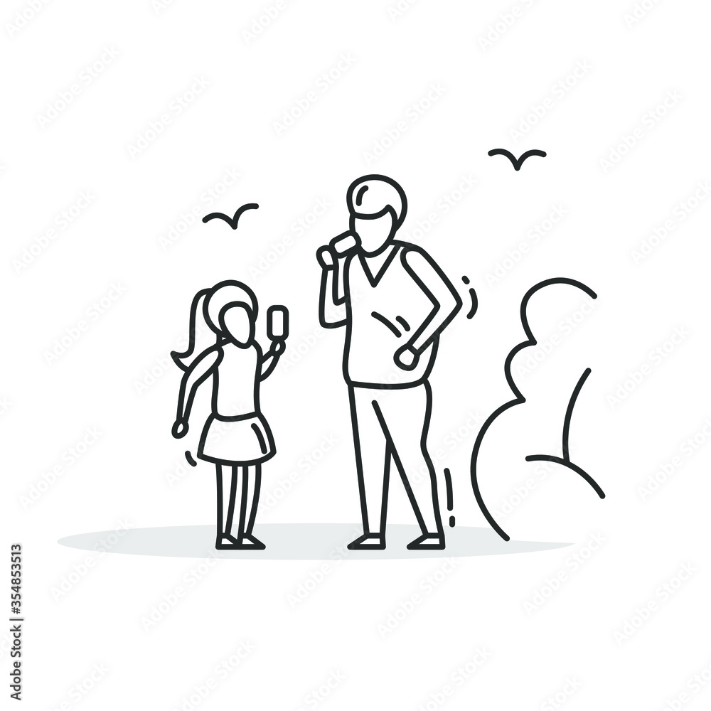 Eating ice cream icon. Thin line sing with father and daughter enjoying summer yummy dessert in park. Family time concept. Parents and kids activity. Linear vector illustration.Editable stroke
