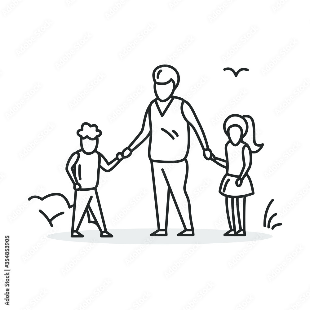 Father and kids icon. Thin line sign of dad holding hands with son and daughter. Parenthood and family concept. Man with children outdoors. Linear vector illustration.Editable stroke
