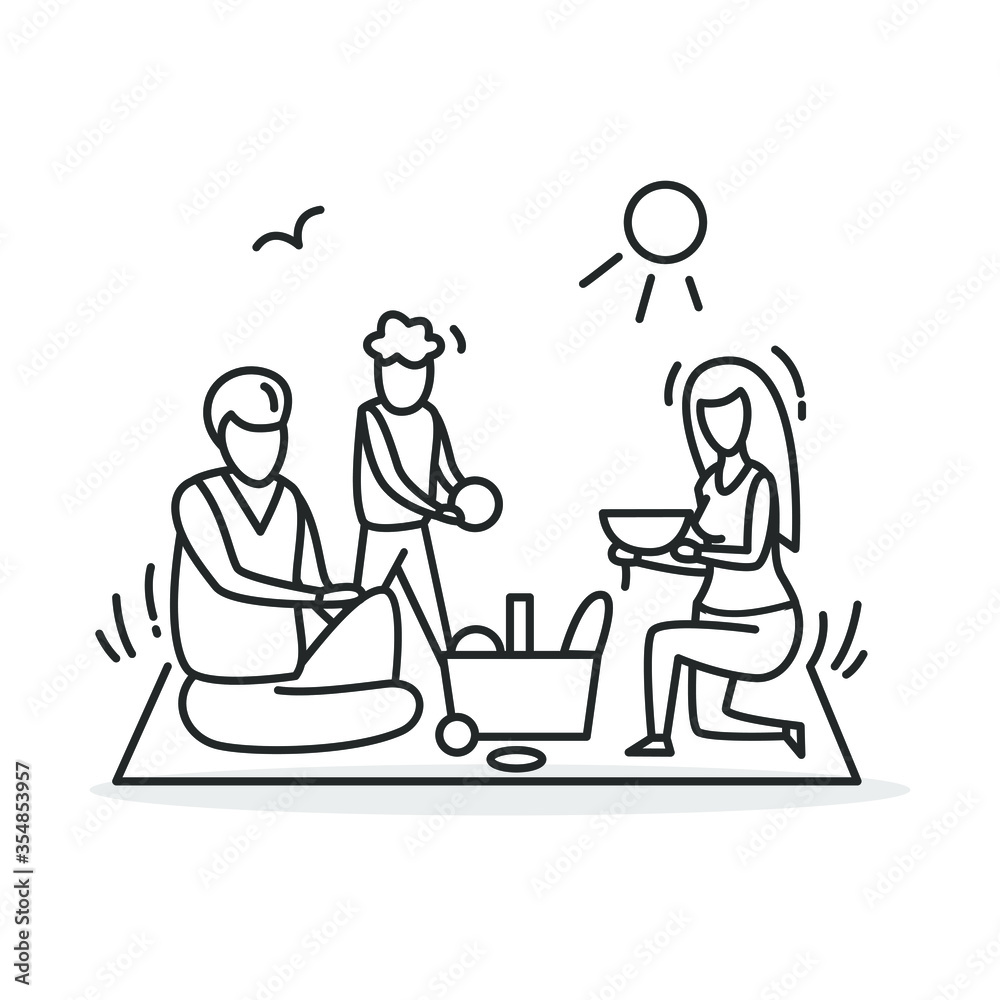 Family meal outside icon.Thin line style.Family of parents and two kids on picnic in park.Mother, father and children eating in nature.Parents and offspring leisure.Vector illustration.Editable stroke