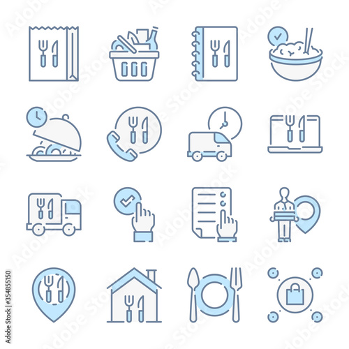 Food Delivery Service related blue line colored icons. Online Order and Home Delivery Service icon set.