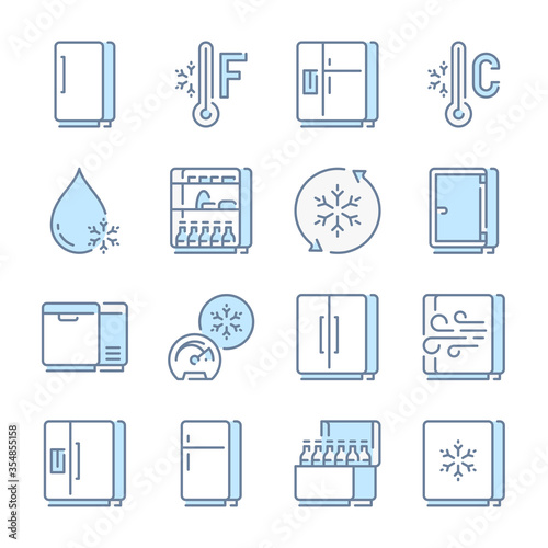 Fridge and Refrigerator related blue line colored icons. Freezer and Cold Food Storage icon set.