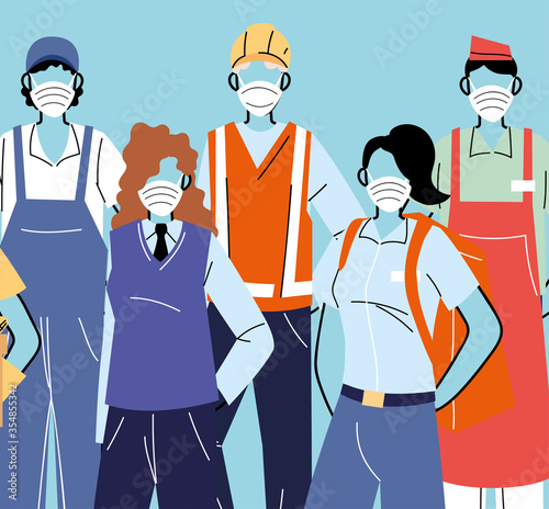 thank you essential workers, various occupations people wearing face masks