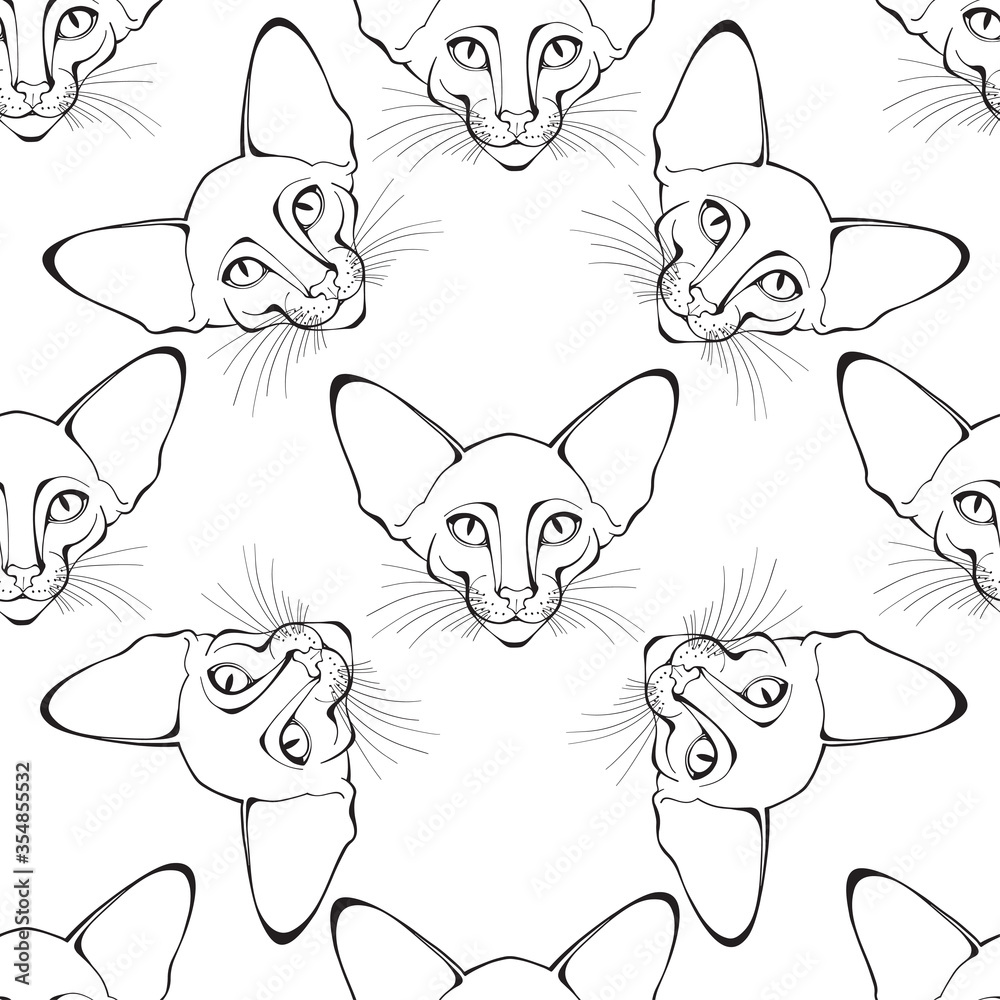 Oriental cat face. Seamless vector pattern. Hand-drawn vector illustration. Animal art background.