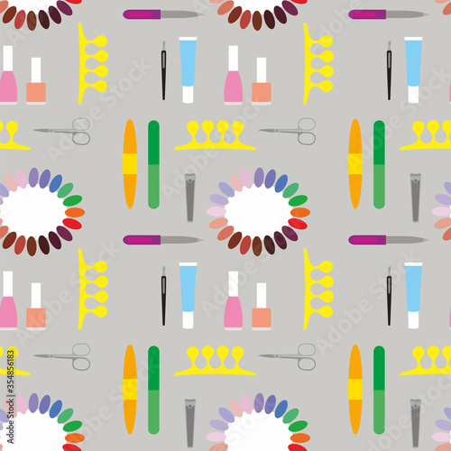 Manicure tools and accessories. Manicure scissors, nail files, nail clippers, manicure trimmer, nail polish, cream, nail polish palette, finger separator on a gray background. Seamless vector pattern