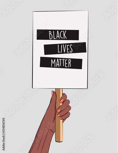 Black man protest stop racism vertical banner. Black lives matter. African American arm with poster gesture. Tolerance, acceptance , Anti discrimination, people equality political template. Vector