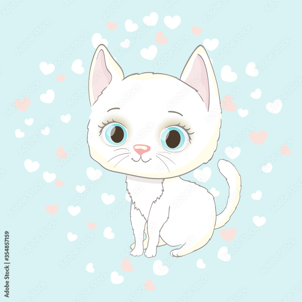 cute white kitten on background with hearts. cartoon vector illustration cute white kitten on background with hearts. cartoon vector illustration