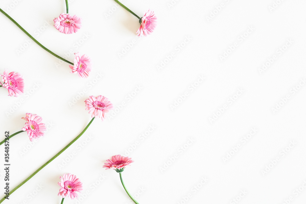 Flowers composition. Pink flowers on white background. Flat lay, top view, copy space