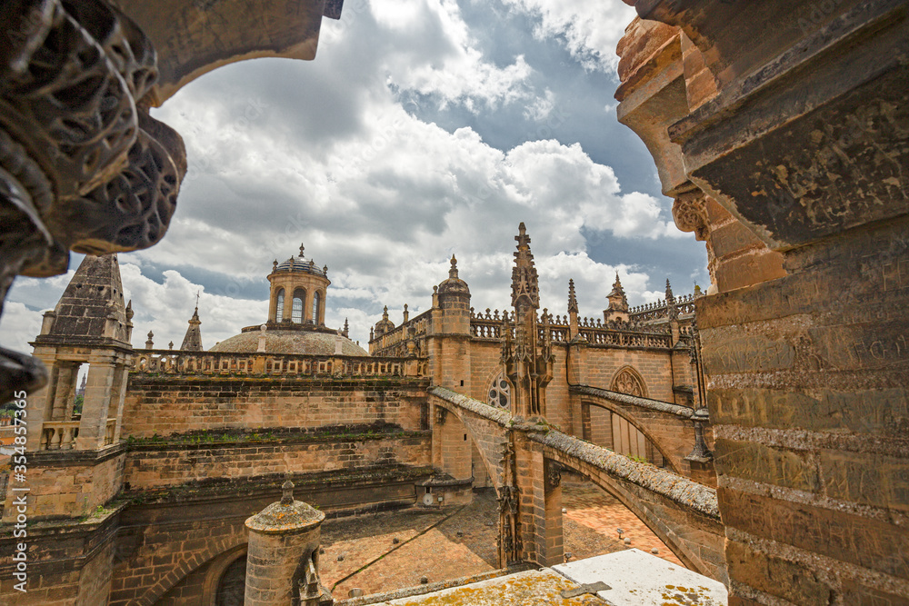Obraz premium Panoramic view of the buttresses of the Gothic roof of the cathedral Seville, Spain.