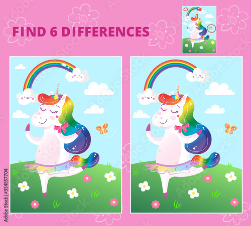 Cute rainbow unicorn. Find 6 differences. Educational game for children. Cartoon vector illustration