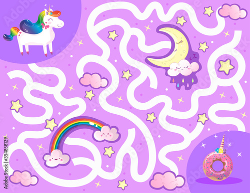 Help the rainbow unicorn find the way to the yummy donut. Color maze or labyrinth game for preschool kids. Puzzle. Tangled road