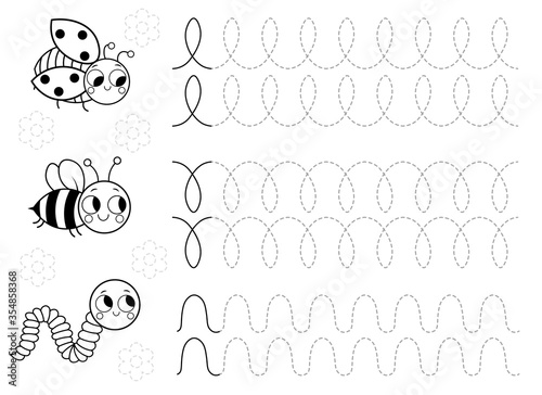Tracing lines and handwriting practice sheet for preschool children with cute insects for coloring. Writing training printable worksheet with with wavy lines on white background. Black and white