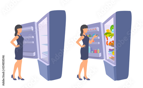 A woman stands in front of an empty fridge and a refrigerator filled with food. The buying of foodstuffs. Vegetables, fruits, drinks. The freezer full of groceries. Food shopping.