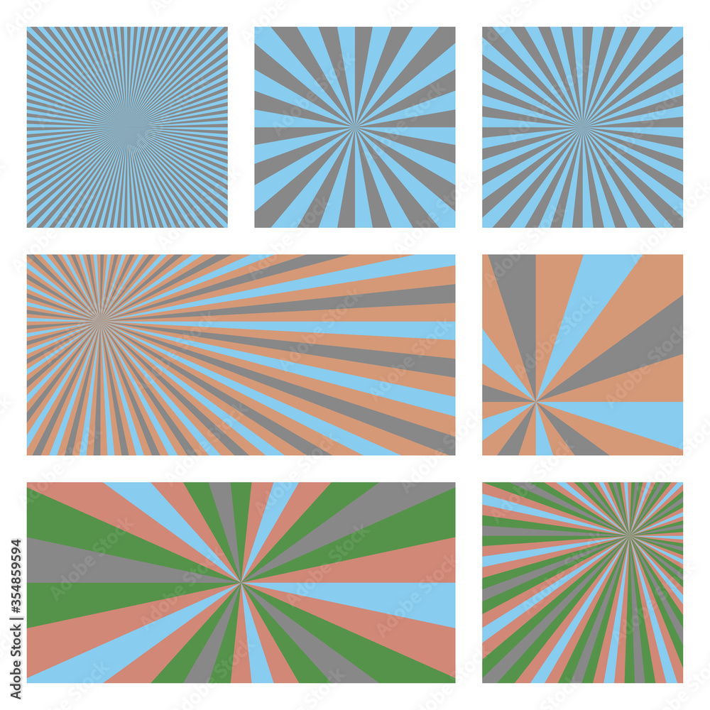 Appealing sunburst background collection. Abstract covers with radial rays. Authentic vector illustration.