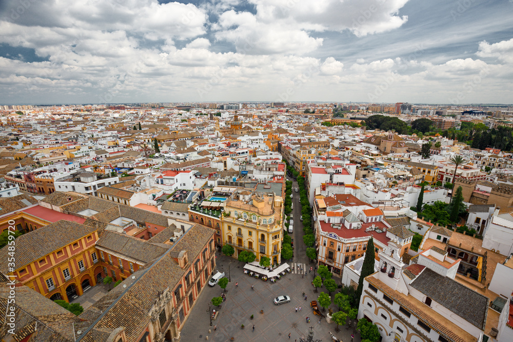 Panoramic view of the city of Seville from the buttresses of the gothic roof of the cathedral, Spain.