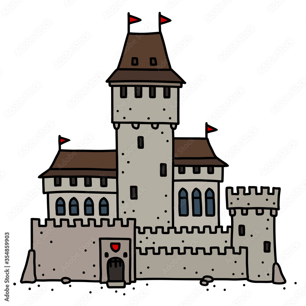The vectorized hand drawing of an old stone castle