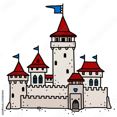 The vectorized hand drawing of an old stone castle