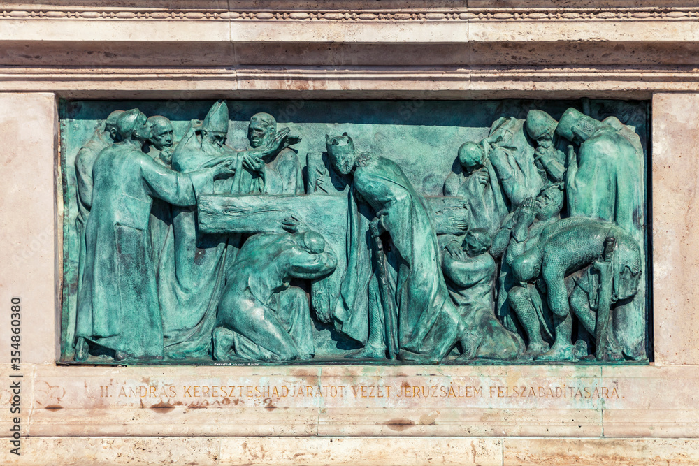 Budapest, HUNGARY - FEBRUARY 15, 2015 - Bronze bas-relief of memorial in Heroes square