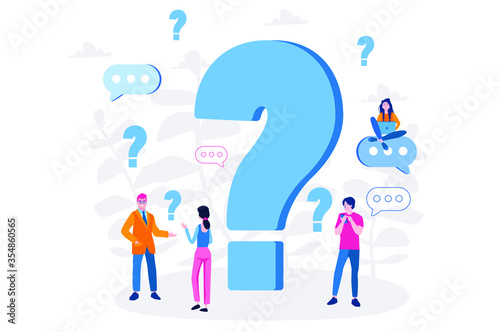 Question mark. Business people asking questions around a huge question mark. Vector illustration.for web banner, infographics, mobile website. 