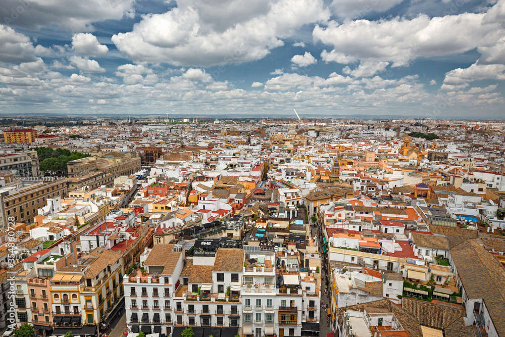 Panoramic view of the city of Seville from the buttresses of the gothic roof of the cathedral, Spain. Panoramic view of the city of Seville from the buttresses of the gothic roof of the cathedral, Spain.