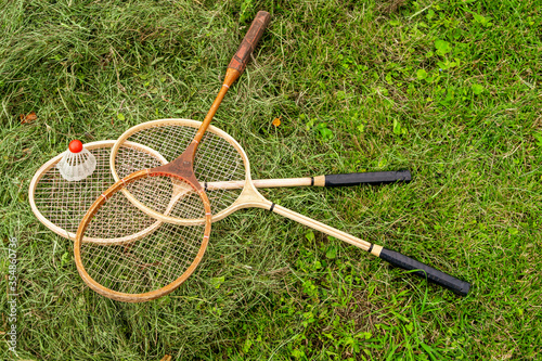 various badminton racket and shuttlecock