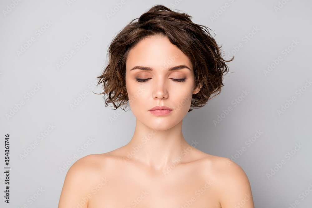 Obraz premium Closeup photo of beautiful naked lady bobbed short hairstyle rejuvenation spa salon procedures eyes closed calm facial expression isolated grey color background