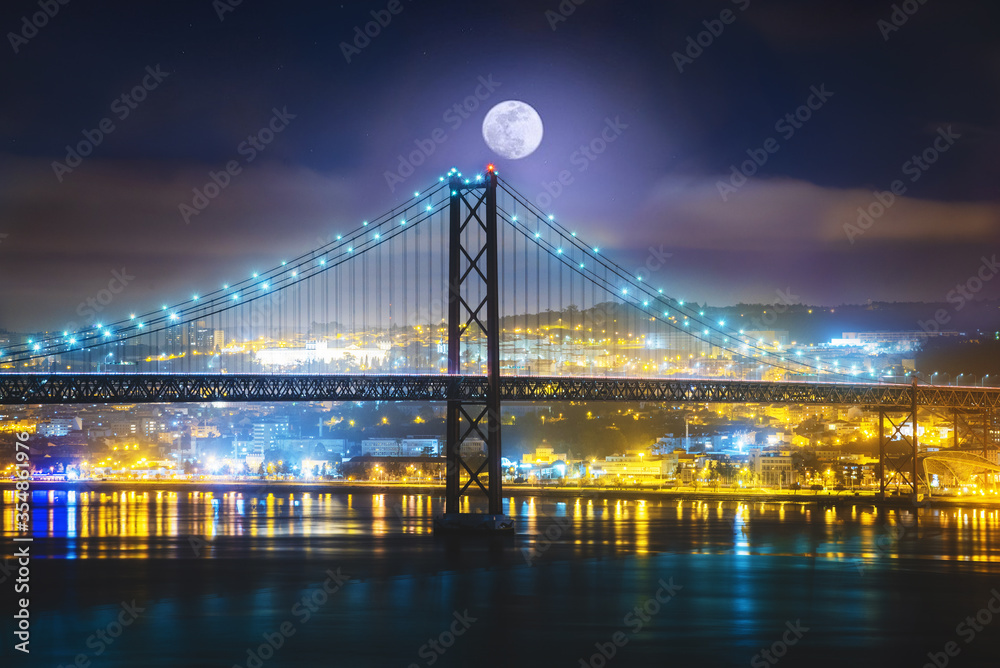 night road bridge with a full moon over the bridge