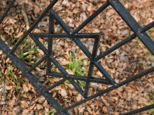 Gate at Jewish cemetry. Star of David. Thombstone at graveyard Willemsoord. Maatschappij van Weldadigheid Frederiksoord. Drenthe. Netherlands © A