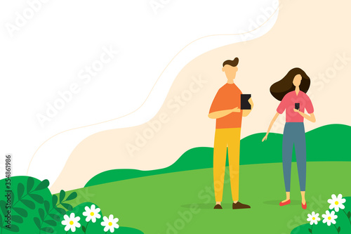A young couple in a Park with phones in their hands . Concept illustration of outdoor recreation. illustration in a flat cartoon style.