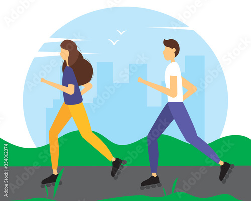 Young couple rollerblading in the Park. Vector illustration in flat style.