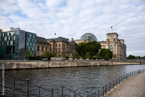 View landscape of Dem deutschen Volke or Reichstag National Imperial Diet Building for German people and foreign traveler travel visit and spree river at Berlin city in Berlin, Germany