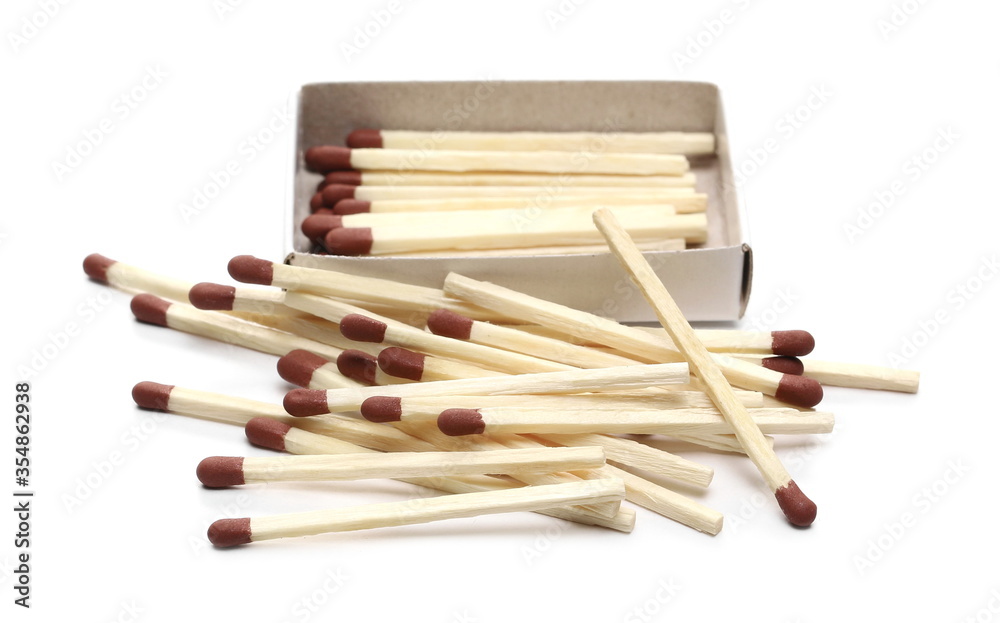 Fire matches pile with carton box isolated on white background