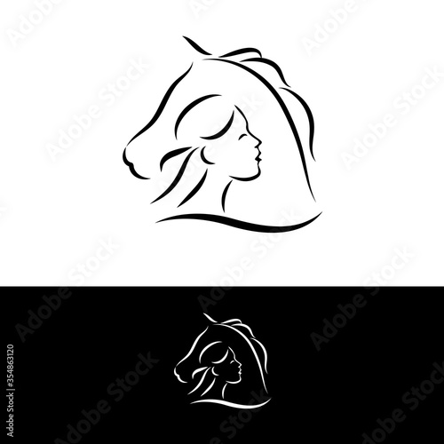 woman face and horse head logo on white made in line art style. vector