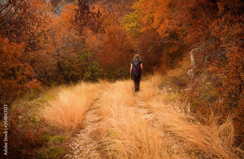 Autumn road and people. Lazarev Canyon, Serbia. photo