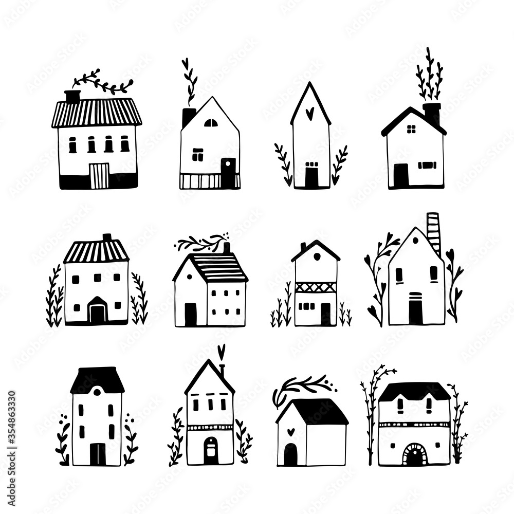 Scandinavian houses set. Vector hand-drawn illustration of buildings in a simple childish cartoon style. Cute isolated black and white sketch drawing