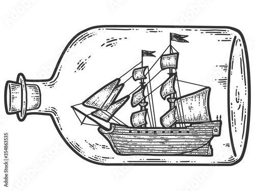 Ship in a bottle. Sketch scratch board imitation. Black and white.