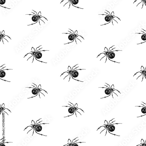 Seamless background of drawn poisonous spiders